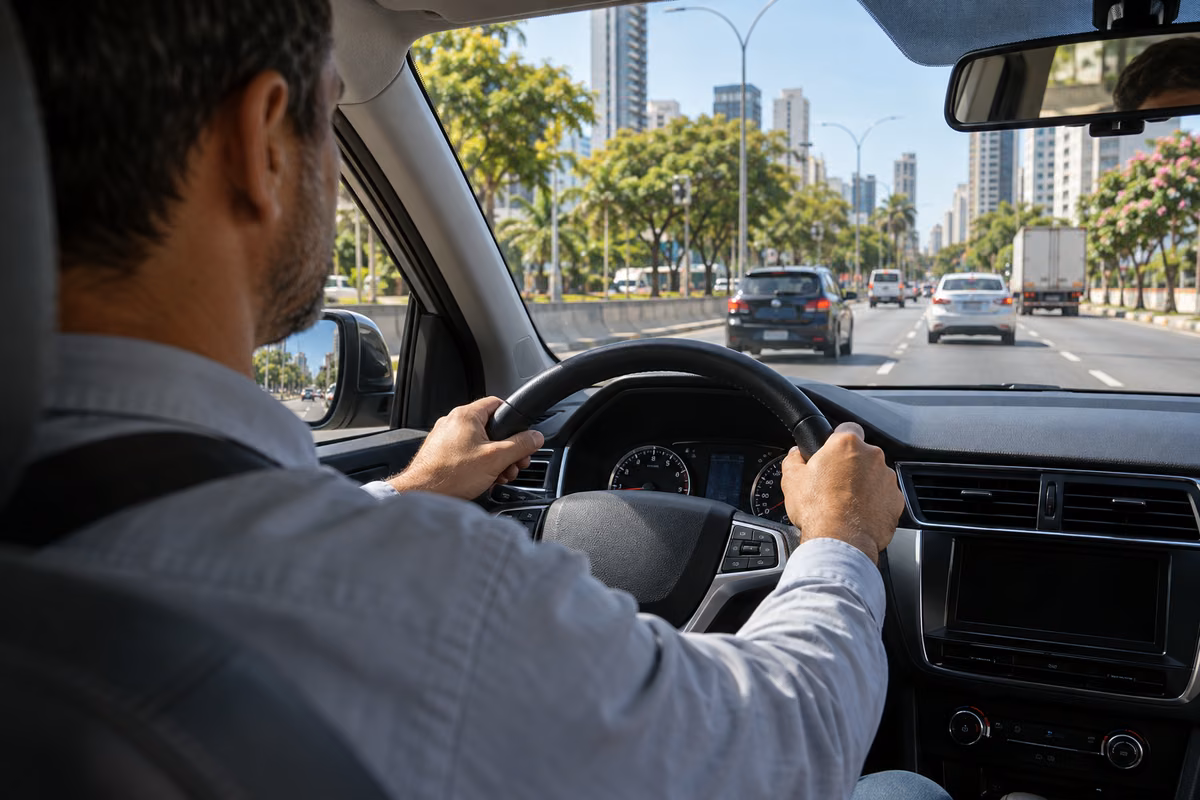 Motorista atento à via mantém distância segura durante deslocamento urbano