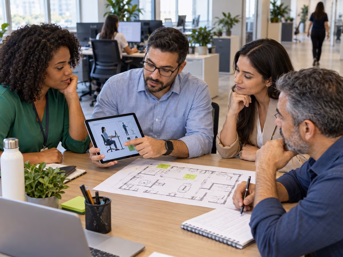Equipe da CIPA avalia riscos e ergonomia em um ambiente administrativo