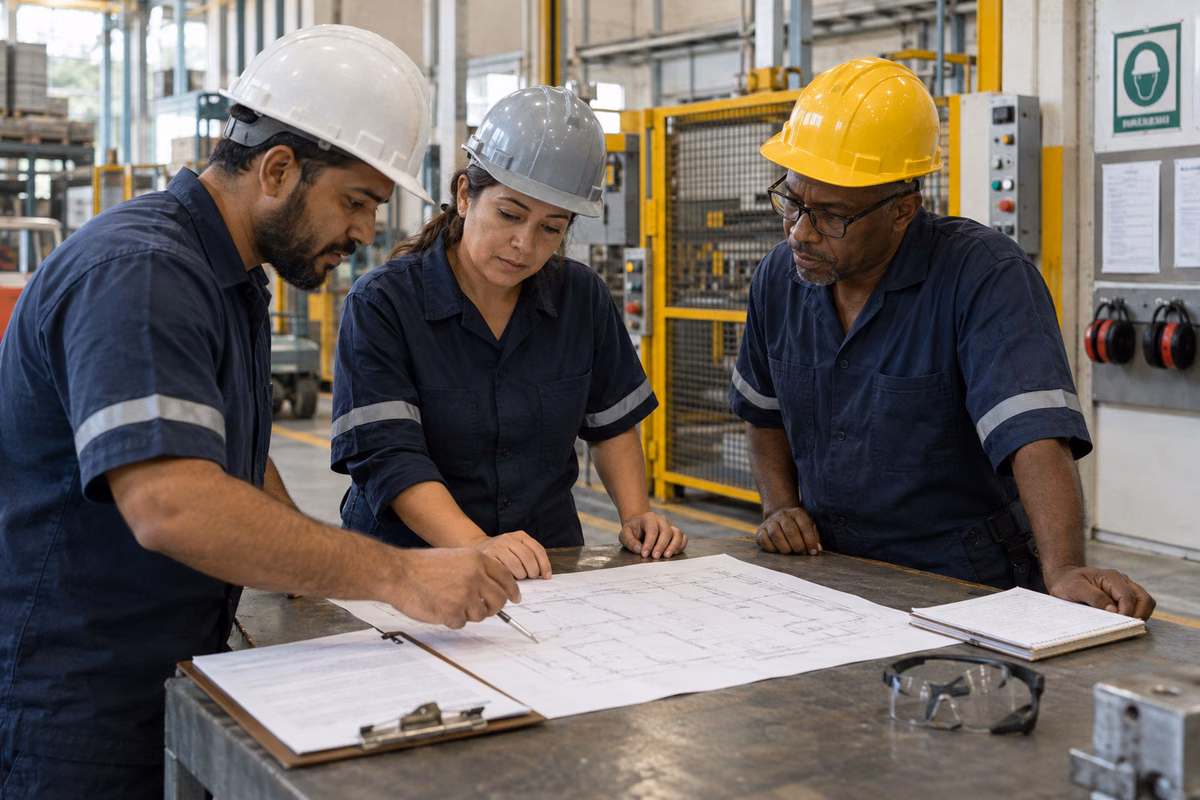 Integrantes da CIPA analisam um mapa de riscos no ambiente de produção