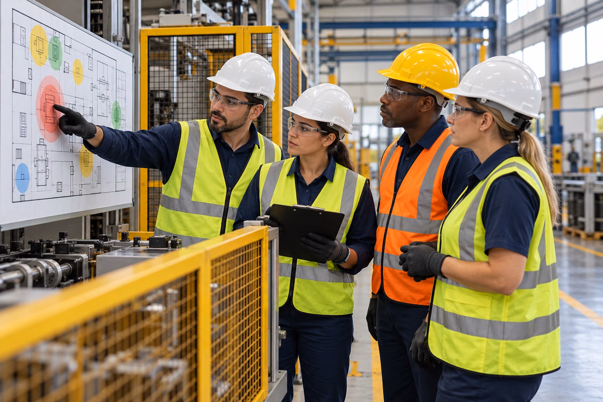 Integrantes da CIPA analisam mapa de riscos em instalação industrial