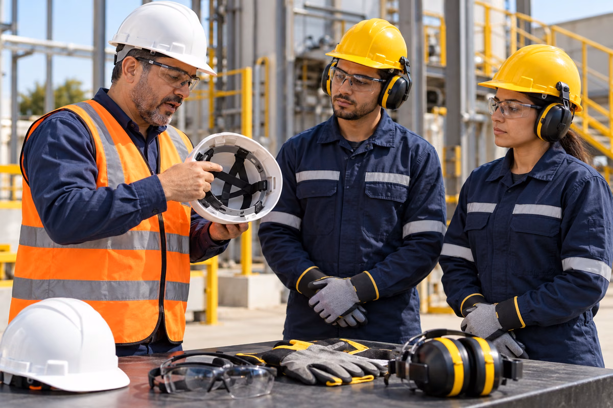 Instrutor demonstra a inspeção de equipamentos de proteção individual aos trabalhadores