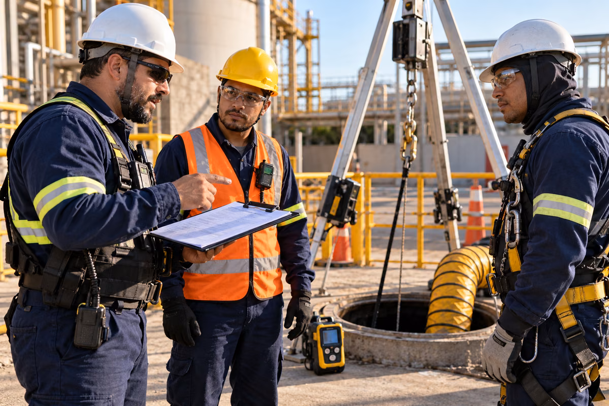 Supervisor de Entrada orienta equipe e confere a permissão de trabalho antes do acesso ao espaço confinado