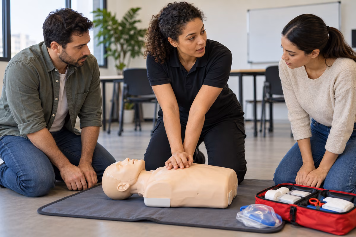 Equipe pratica primeiros socorros com manequim de treinamento e kit de atendimento