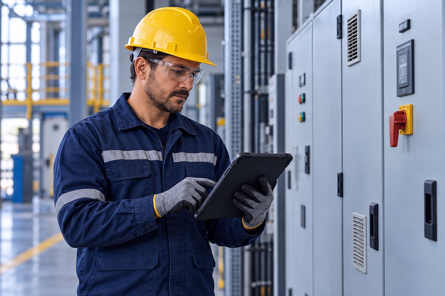 Profissional com equipamentos de proteção inspeciona um painel elétrico industrial