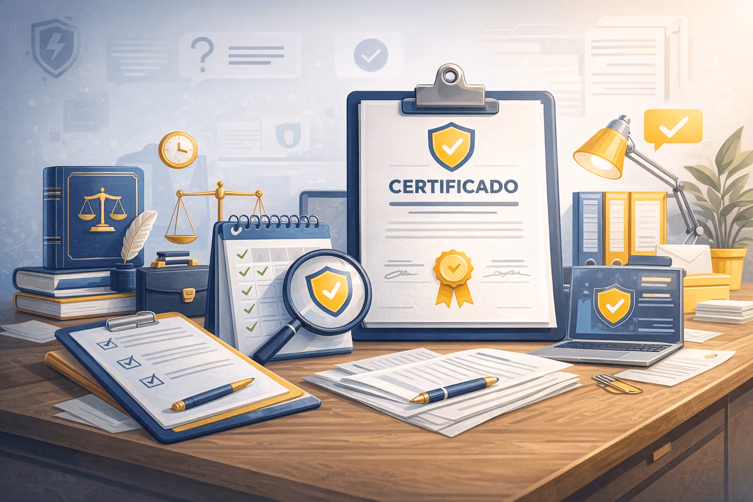 Ilustração da documentação e do certificado do curso de Primeiros Socorros