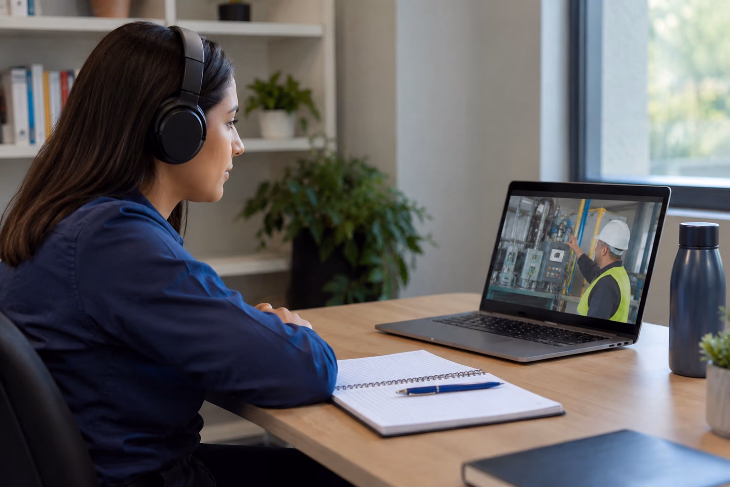 Colaboradora estuda em computador com fones em ambiente tranquilo e caderno apoiado.