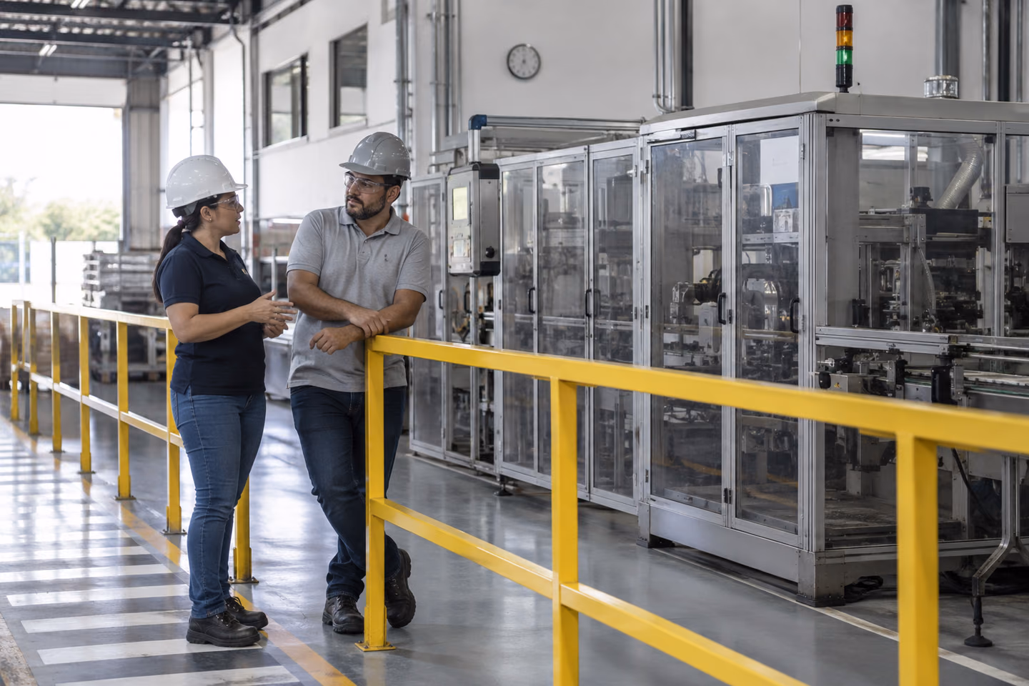Ambiente industrial com equipamento parado e profissional na área de circulação protegida.
