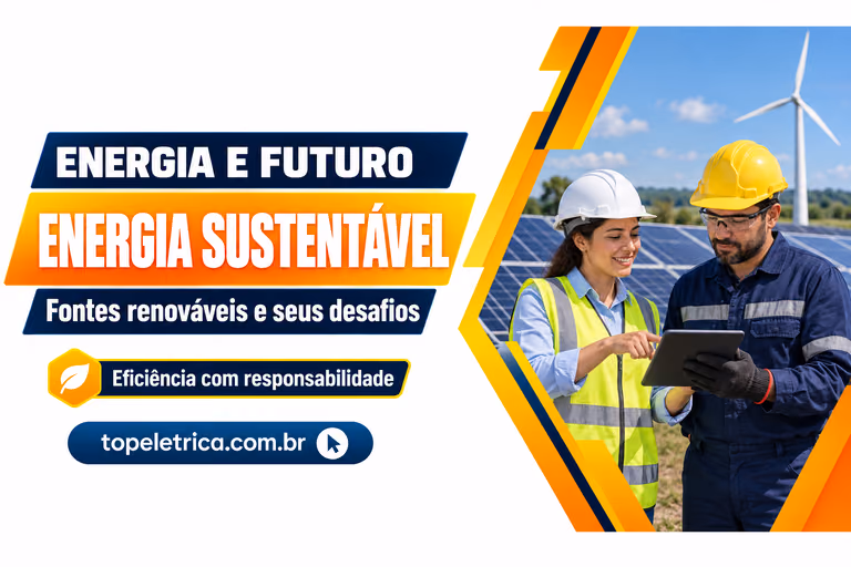 ENERGIA SUSTENTÁVEL: Fontes renováveis e seus desafios. Fotografia ilustrativa de profissionais e fontes de energia renovável.