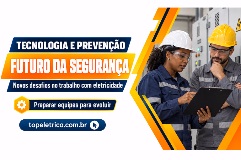 FUTURO DA SEGURANÇA: Novos desafios no trabalho com eletricidade. Fotografia ilustrativa de profissionais planejando a segurança diante de painéis fechados.