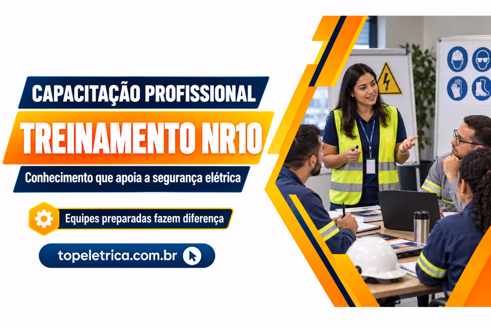 TREINAMENTO NR10: Conhecimento que apoia a segurança elétrica. Fotografia ilustrativa de capacitação de uma equipe.