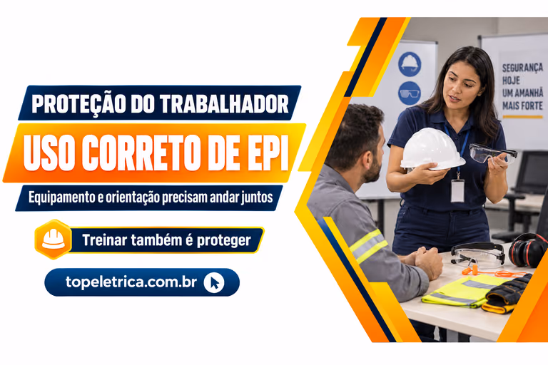 USO CORRETO DE EPI: Equipamento e orientação precisam andar juntos. Fotografia ilustrativa de orientação sobre equipamentos de proteção individual.