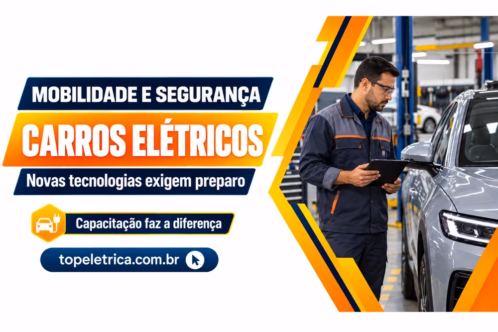 CARROS ELÉTRICOS: Novas tecnologias exigem preparo. Fotografia ilustrativa de profissional em uma oficina com veículo elétrico.