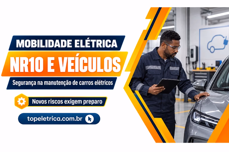 NR10 E VEÍCULOS: Segurança na manutenção de carros elétricos. Fotografia ilustrativa de profissional em uma oficina com veículo elétrico.