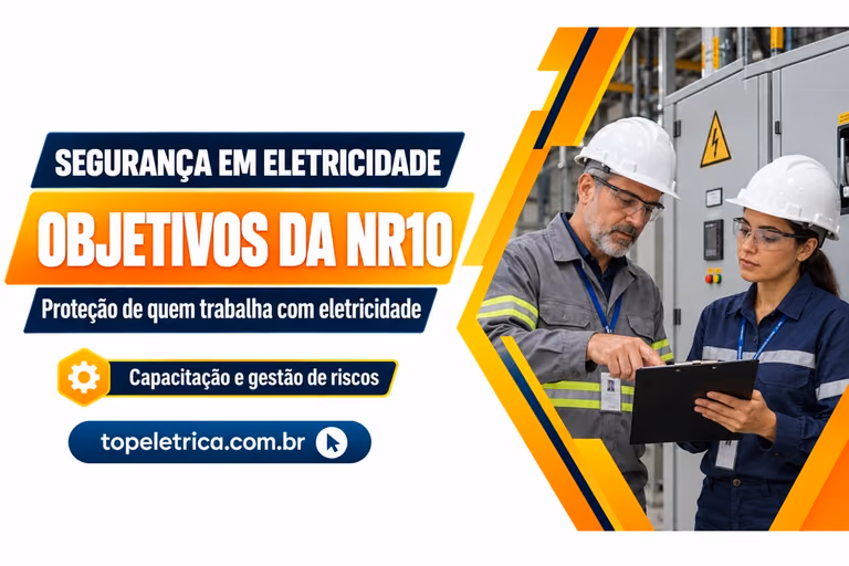 OBJETIVOS DA NR10: Proteção de quem trabalha com eletricidade. Fotografia ilustrativa de profissionais planejando a segurança diante de painéis fechados.