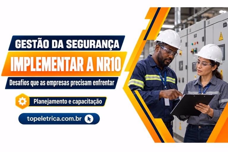 IMPLEMENTAR A NR10: Desafios que as empresas precisam enfrentar. Fotografia ilustrativa de profissionais planejando a segurança diante de painéis fechados.