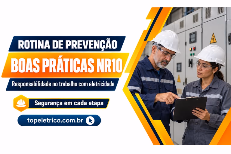 BOAS PRÁTICAS NR10: Responsabilidade no trabalho com eletricidade. Fotografia ilustrativa de profissionais planejando a segurança diante de painéis fechados.
