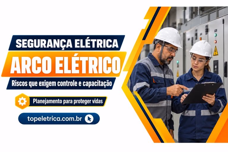 ARCO ELÉTRICO: Riscos que exigem controle e capacitação. Fotografia ilustrativa de profissionais planejando a segurança diante de painéis fechados.