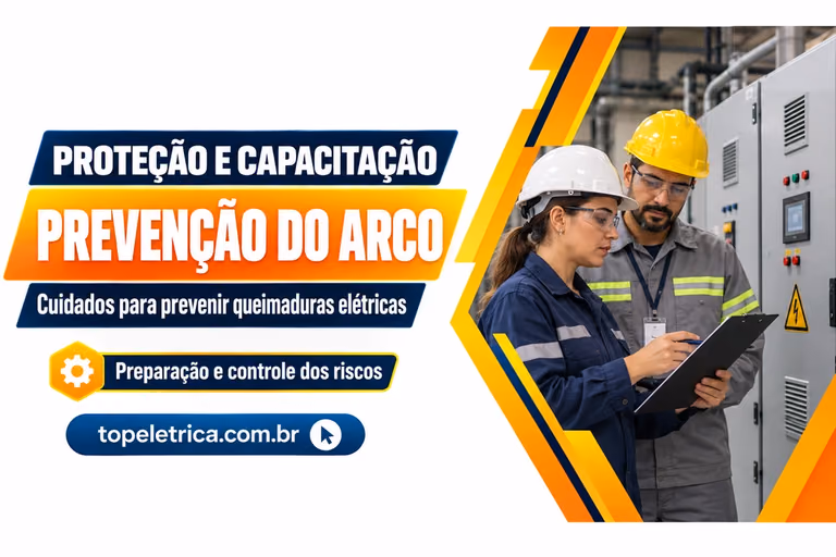 PREVENÇÃO DO ARCO: Cuidados para prevenir queimaduras elétricas. Fotografia ilustrativa de profissionais planejando a segurança diante de painéis fechados.