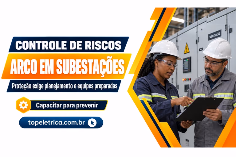 ARCO EM SUBESTAÇÕES: Proteção exige planejamento e equipes preparadas. Fotografia ilustrativa de profissionais planejando a segurança diante de painéis fechados.