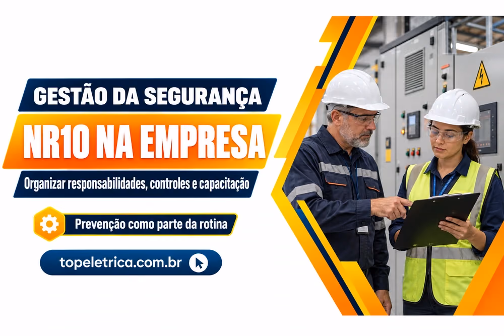 NR10 NA EMPRESA: Organizar responsabilidades, controles e capacitação. Fotografia ilustrativa de profissionais planejando a segurança diante de painéis fechados.