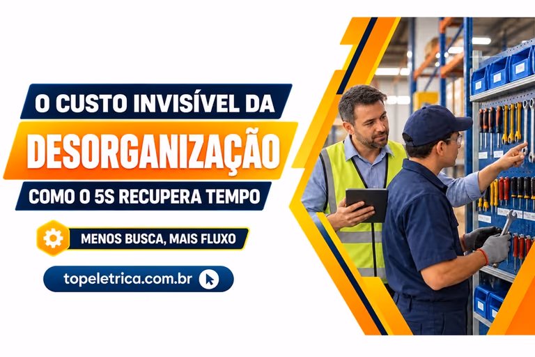 Gestor e colaborador verificam ferramentas em almoxarifado, ao lado do título sobre desorganização.