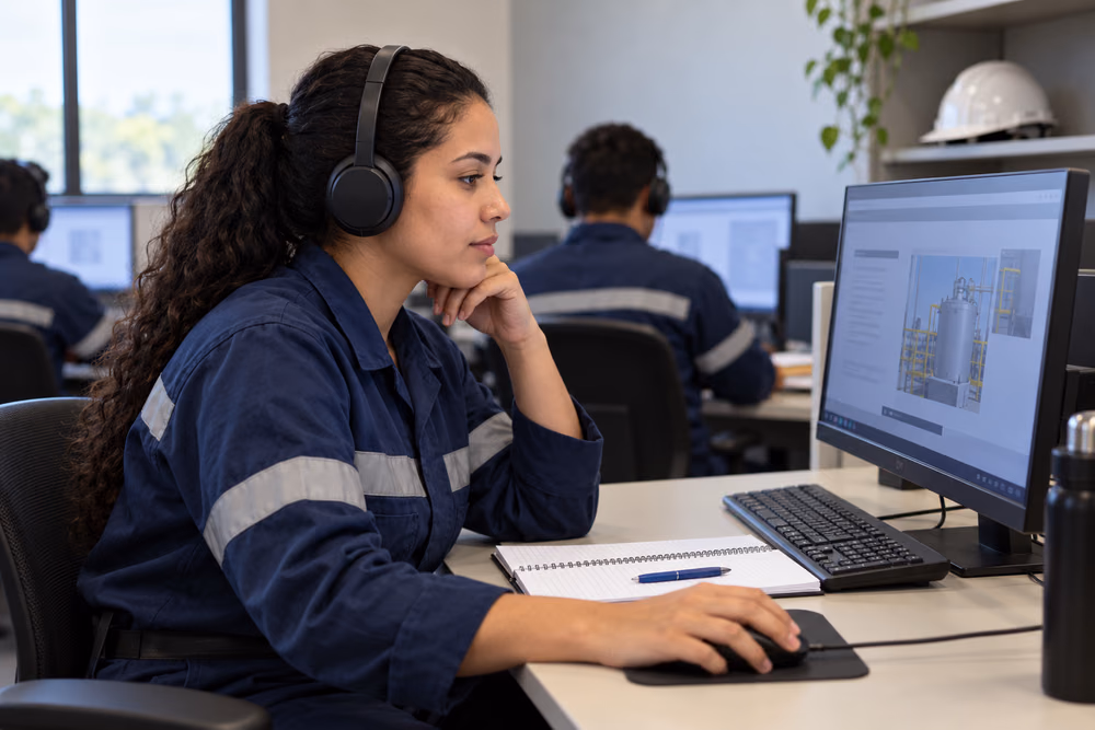 Colaboradora estuda conteúdo de segurança do trabalho no computador em sala reservada.