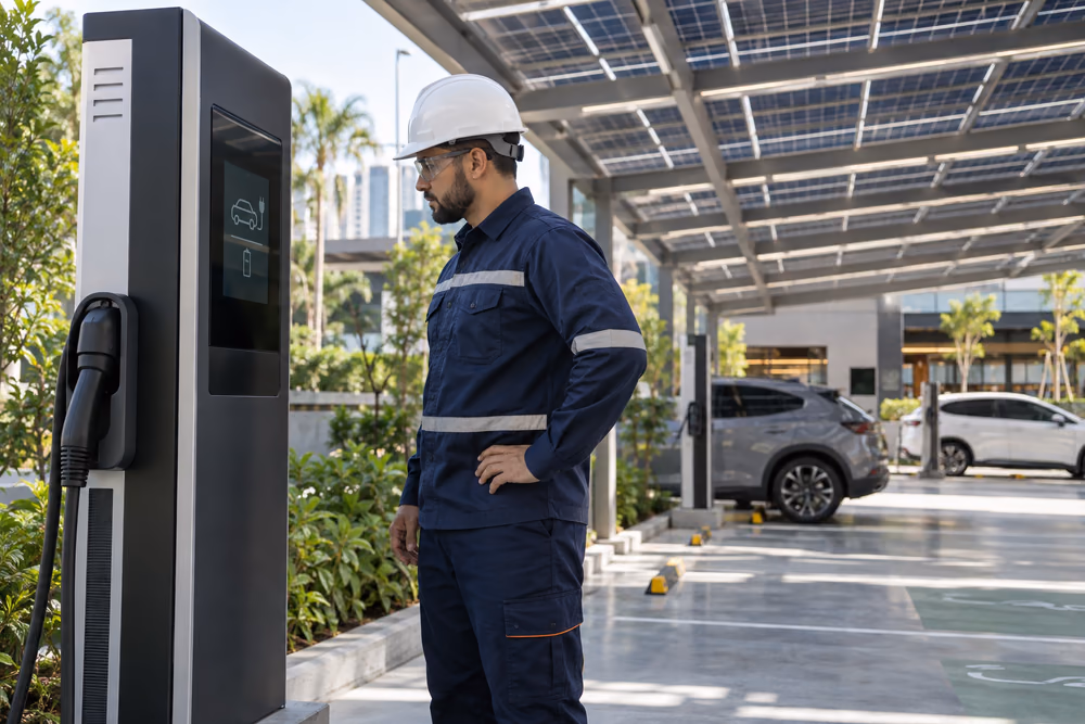 Eletricista observa uma estação de recarga fechada em estacionamento coberto com estrutura solar.