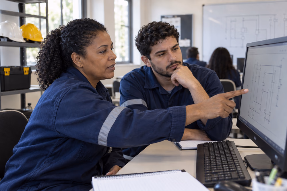 Eletricista experiente e colega mais jovem estudam um desenho técnico no computador em ambiente de treinamento.
