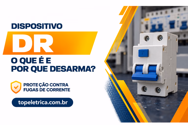 Capa sobre dispositivo DR: proteção contra fugas de corrente, com equipamento em bancada de treinamento dentro de moldura angular amarela e laranja.
