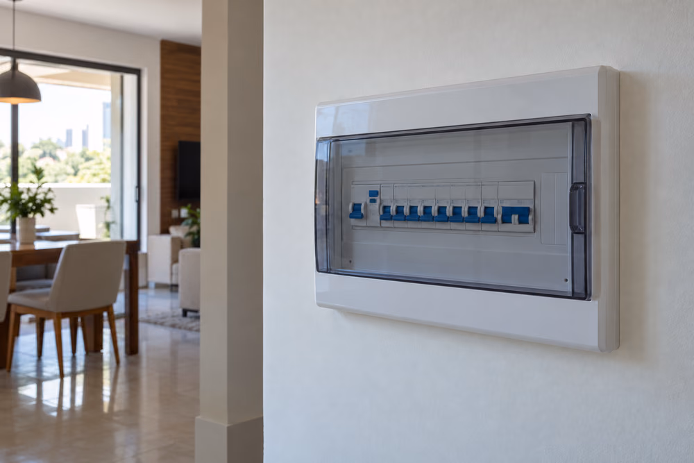 Quadro de distribuição com tampa protetora fechada e componentes internos protegidos.